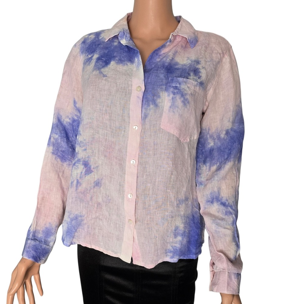 Kyla Seo Linen Tie Dye Button Down Shirt Large Blue Pink Long Sleeve New Coastal